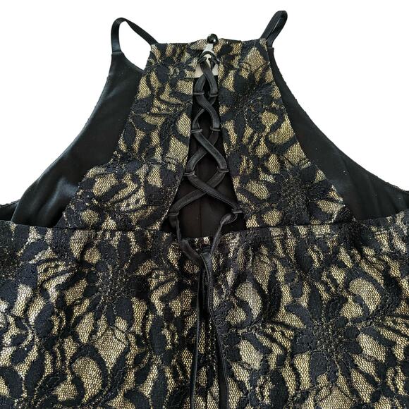 Bailey Blue Black and Gold Floral Lace Overlay Glitter Long Maxi Dress Gown - Picture 8 of 9